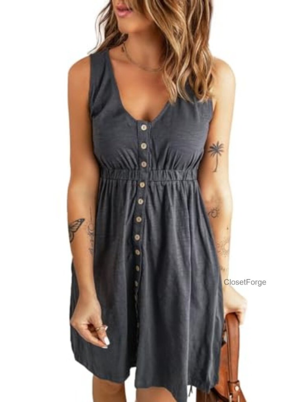 Sleeveless Button Front Swing Dress V-Neck A-Line Knee Length Summer